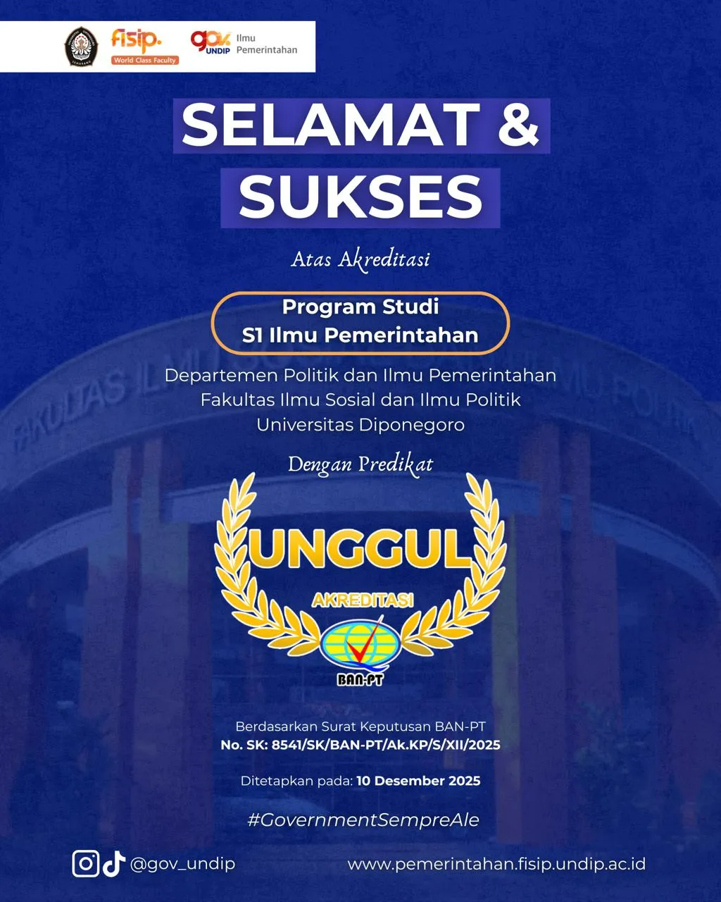 Program Studi S1 Ilmu Pemerintahan FISIP UNDIP Resmi Meraih Akreditasi Unggul BAN-PT